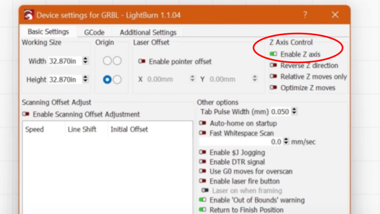 LightBurn Settings - LaserBeam