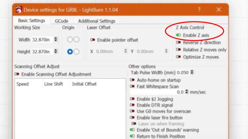 LightBurn Settings - LaserBeam