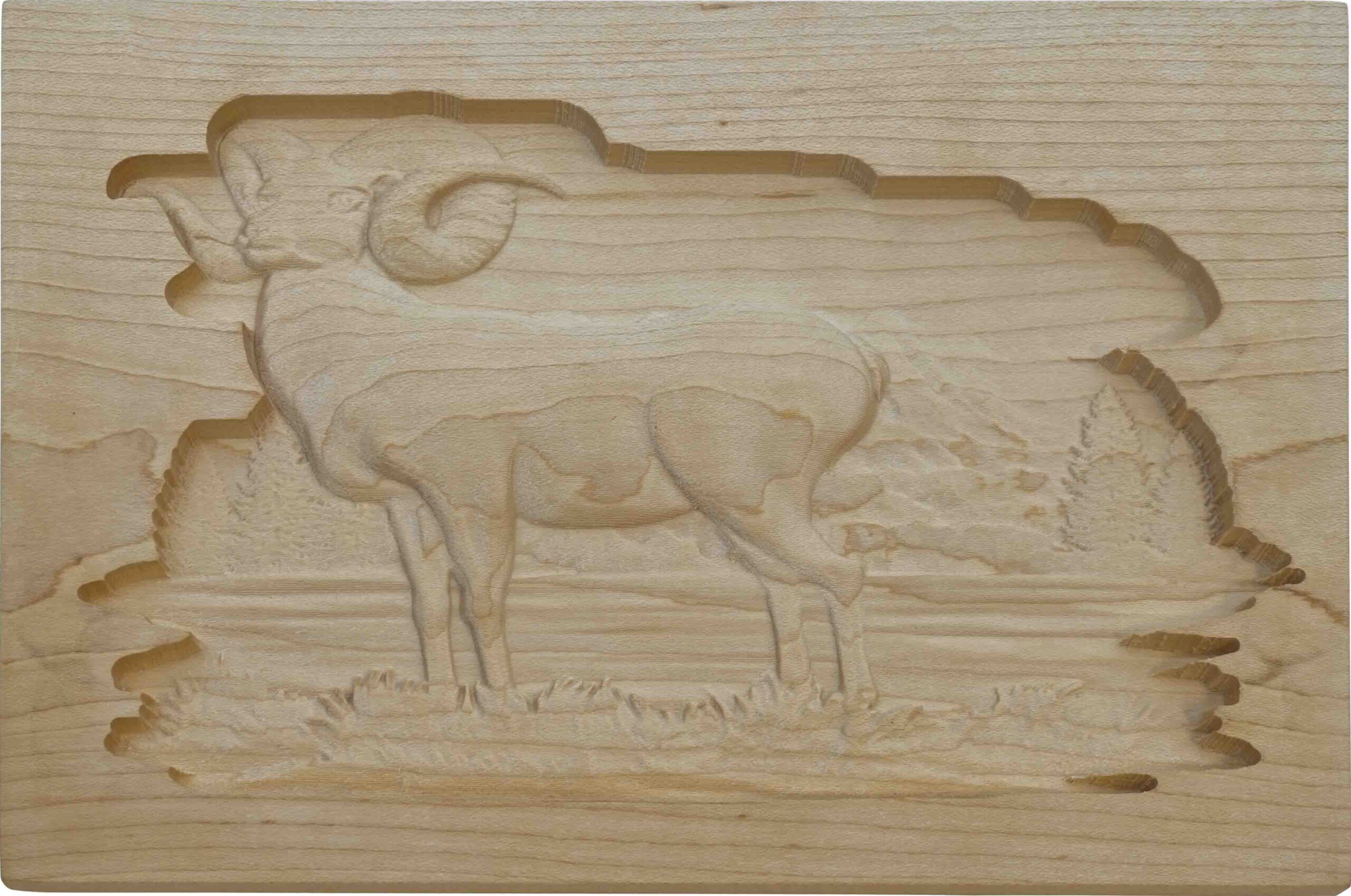 Another detailed relief of a ram by the lake, carved out of cedar
